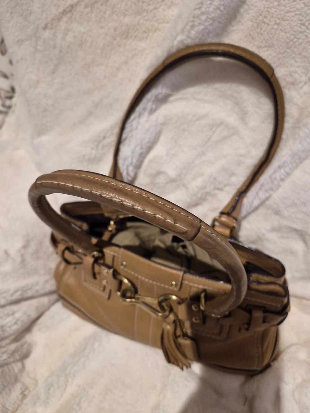 Coach Tan Leather Shoulder Bag with Tassel and Gold Hardware